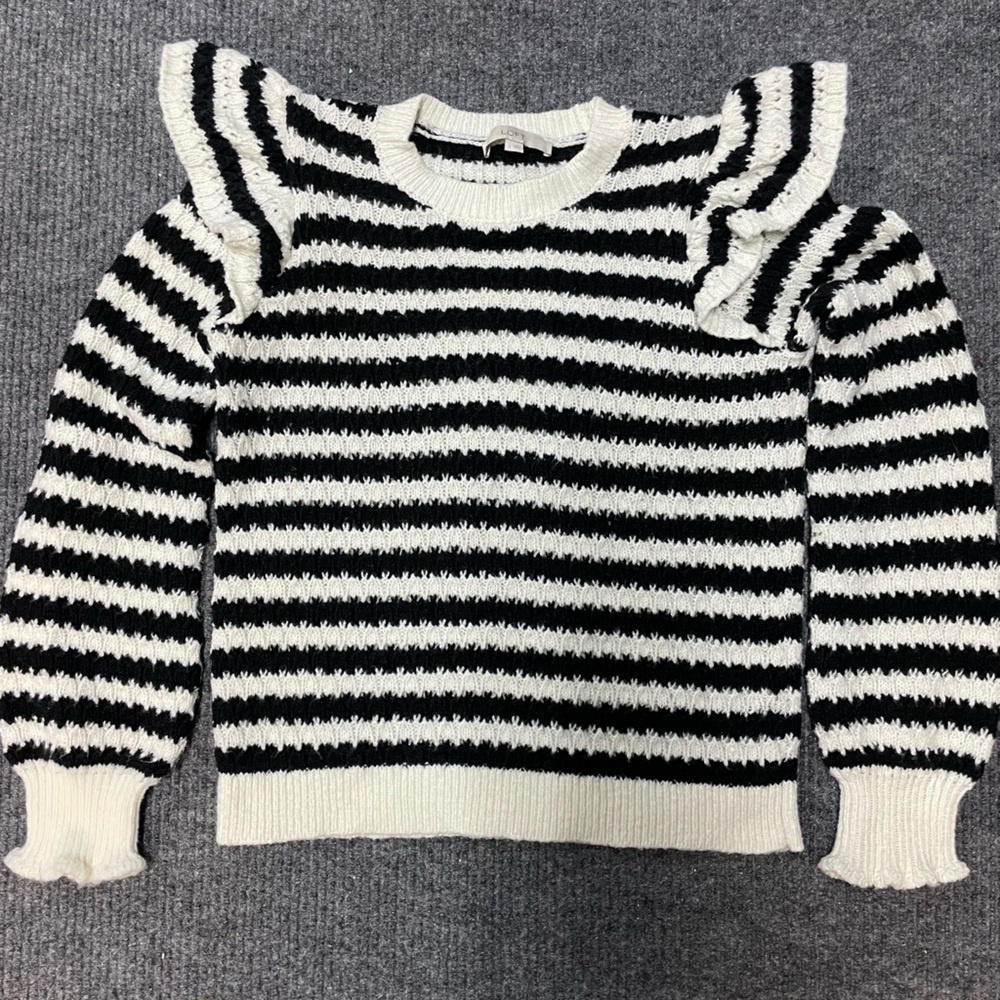 LOFT Black and White Striped Sweater with Ruffled Shoulders